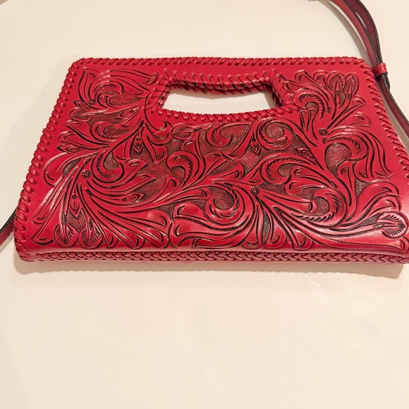 RARE Shazel Red Hand-Tooled Leather Cutout Handel Handbag Crossbody Clutch Bag - Picture 11 of 12